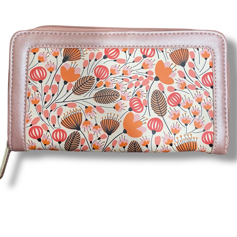 Pink Abstract Floral Print Wallet Vegan Leather  Snap Card Section Zip Section